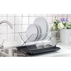 Deluxe Chrome-Plated Steel Foldable X Shape 2-Tier Shelf Small Dish Drainers with Drainboard (BlackII)