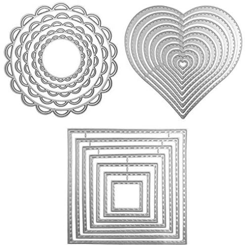 3 Different Shapes of Cutting Dies Stencil Metal Template Molds (Square, Circle Flower & Heart), DaKuan 24 Pieces Embossing Tools for Scrapbook, Album Paper DIY Crafts & Card Making