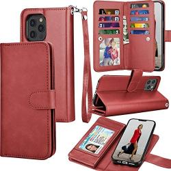 Tekcoo Wallet Case for iPhone 12 Mini / iPhone12 Mini (5.4 inch) 2020 Luxury ID Cash Credit Card Slots Holder Carrying Pouch Folio Flip PU Leather Cover [Detachable Magnetic Hard Case] - Wine Red