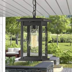 Emliviar Outdoor Pendant Lights for Porch, 1-Light Exterior Hanging Light Fixtures, Black Finish with Seeded Glass, 1803EW1-H