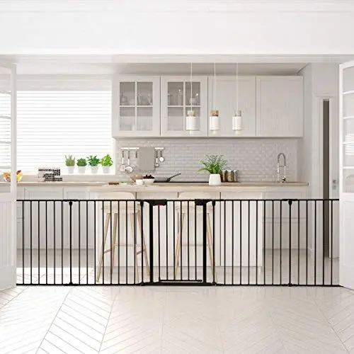 Costzon Baby Safety Gate, 115 Inch Length 5 Panel Adjustable Wide Fireplace Fence, BBQ Metal Fire Gate, Pet Isolation Fence with Walk-Through Door, Freestanding Hearth Gate (Black, Medium)