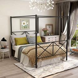 JURMERRY Metal Canopy Bed Frame with Ornate European Style Headboard & Footboard Sturdy Black Steel Holds 660lbs Perfectly Fits Your Mattress Easy DIY Assembly All Parts Included,Black Queen