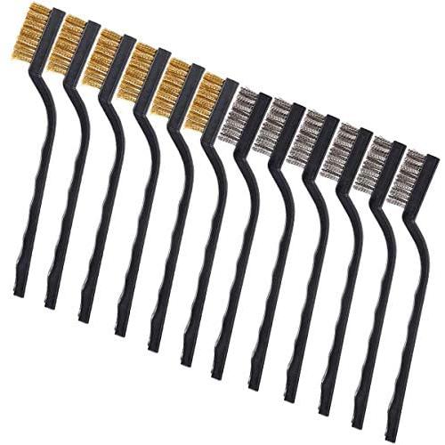 Topspeeder 12 Pieces Wire Brush (Stainless Steel + Brass) Scratch Brush, Curved Handle Masonry Brush Wire Bristle for Cleaning Welding Slag and Rust