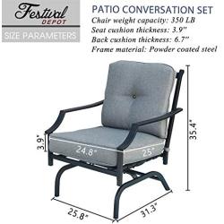 Festival Depot 2 of Outdoor Patio Bistro ArmChairs with Cushions Set Premium Fabric Metal Frame Furniture Set Garden Dining Seating Chair Thick & Soft Cushions (Grey)