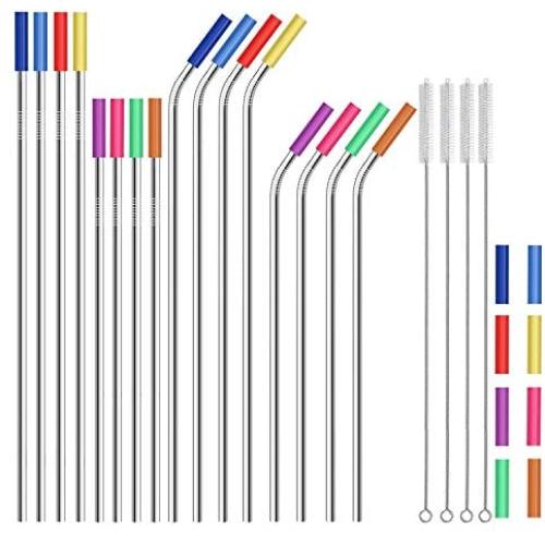 Stainless Steel Straws,Set of 16 10.5'' 8.5'' Metal Straws,Eco Friendly Reusable Drinking Straws for 16 20 24 30 oz Yeti Rtic Tumbler,Extra Long Metal Straws with 24 Silicone Tips,4 Cleaning Brushes