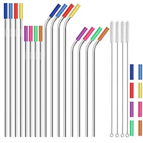 Stainless Steel Straws,Set of 16 10.5'' 8.5'' Metal Straws,Eco Friendly Reusable Drinking Straws for 16 20 24 30 oz Yeti Rtic Tumbler,Extra Long Metal Straws with 24 Silicone Tips,4 Cleaning Brushes