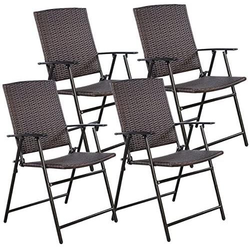 Tangkula 4 PCS Folding Patio Chair Set Outdoor Pool Lawn Portable Wicker Chair with Armrest & Footrest Durable Rattan Steel Frame Commercial Foldable Stackable Party Wedding Chair Set (24X23X37)