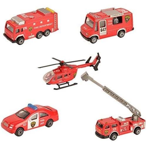 BOHS Fire Emergency Race and Rescue Vehicles - Mini Die-cast Metal Miniature Model - Aerial Ladder Firetruck, Rescue Helicopter, Water Tank Fire Engine,Patrol Car,Commander Center ( Pack of 5)