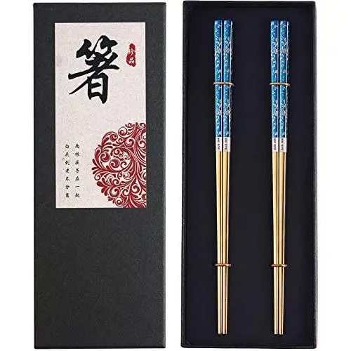 Metal Chopsticks Titanium Plated Stainless Steel Chopsticks Reusable Dishwasher safe Japanese Korean Chopstick lightweight Laser Engraved Anti-slip Chop sticks for Eating 2 Pairs Gift Set Blue Gold