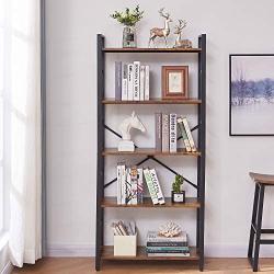 OIAHOMY Industrial Bookshelf，5-Tier Vintage Bookcase and Bookshelves，Rustic Wood and Metal Shelving Unit，Display Rack and Storage Organizer for Living Room, Rustic Brown