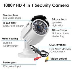 ZOSI 1080P 2.0MP HD 1920TVL Hybrid 4-in-1 TVI/CVI/AHD/960H CVBS CCTV Security Camera Indoor Outdoor, 80ft Night Vision,Aluminum Metal Cam, For 960H,720P,1080P,5MP,4K analog Surveillance DVR (White)