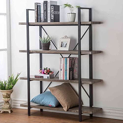 HSH 4-Shelf Vintage Industrial Bookshelf, Rustic Wood and Metal Bookcase, Open Wide Office Etagere Book Shelf, Grey Oak