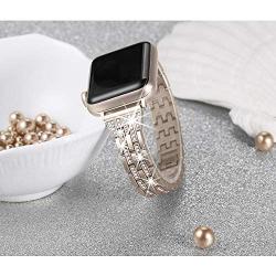 Secbolt Bling Bands Compatible Apple Watch Bands 42mm 44mm Women iWatch Series 6 5 4 3 2 1 SE Band, Dressy Jewelry Metal Wristband Strap Diamond Rhinestone, Champagne Gold