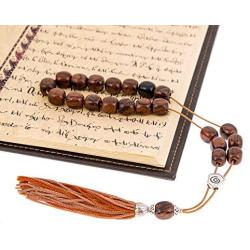 Brown Obsidian Gemstone, Handmade Greek Worry Beads or Komboloi with Alpaca Metal Parts on Pure Silk Cord & Tassel, Length 34cm (13.4)