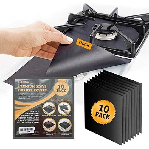 10 pack, gas stove protector, stove burner liners, stovetop range protectors, set top burner covers black, size 10.6” x 10.6”  non stick reusable cover easy to clean, double thickness