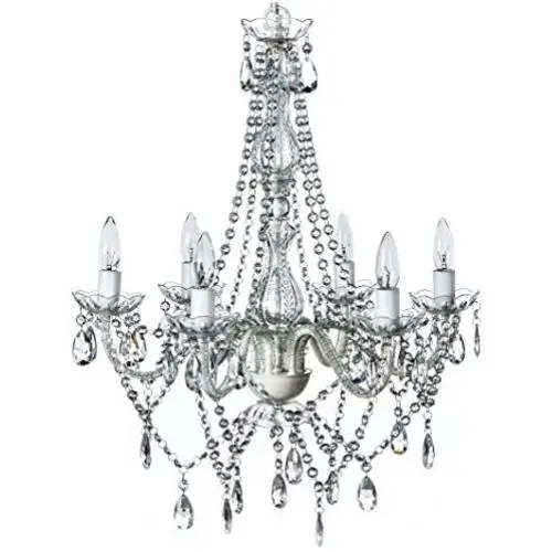 6 Light Crystal White Hardwire Flush Mount Chandelier H26”xW22”, White Metal Frame with Clear Glass Stem and Clear Acrylic Crystals & Beads That Sparkle Just Like Glass