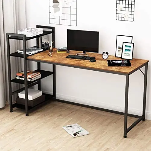 HOMEYFINE Computer Desk,Writting Desk with Storage Shelves,63 inches,Industrial Metal and Wooden Fashion Latop Desk for Home Office(Vintage Oak Finish Stitching Black)