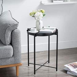 EKNITEY End Table,Folding Metal Side Table Waterproof Small Coffee Table Sofa Side Table with Removable Tray for Living Room Bedroom Balcony and Office (Black)