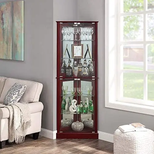 BELLEZE Woody Lighted Corner Curio Cabinet Tempered Glass Door 6 Shelves, Cherry BELLEZE Woody Lighted Corner Curio Cabinet Tempered Glass Door 6 Shelves, Cherry