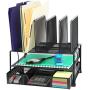 SimpleHouseware Mesh Desk Organizer with Sliding Drawer, Double Tray and 5 Upright Sections, Black
