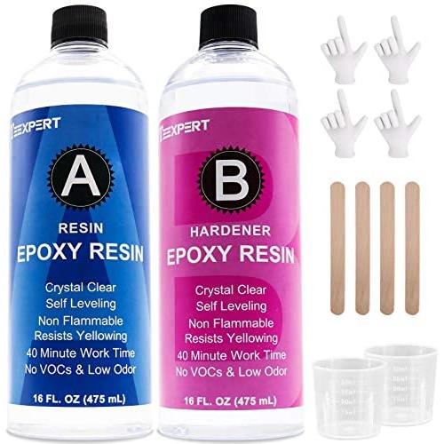 32OZ Epoxy Resin and Hardener Kit Crystal Clear for Jewelry DIY Art Crafts Cast Coating Wood,Easy Cast Resin with 4pcs Sticks,2pcs Graduated Cups, 2 Pairs Gloves,1 Instructions