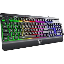 PICTEK Metal Gaming Keyboard, LED Wired Rainbow Keyboard, USB Backlit Membrane Keyboard with Wrist Rest, 19 Anti-ghosting Keys, 12 Multimedia Shortcuts, Spill-Resistant for Windows PC Gamer-Black