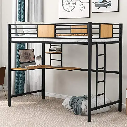 Twin Metal Loft Bed with Desk and Shelve, Full-Length Guardrail and Ladder Integrated into The Frame, Loft Bed for Kids Teens Online Learning, Space-Saving Design (Black) Twin Metal Loft Bed with Desk and Shelve, Full-Length Guardrail and Ladder Integrated into The Frame, Loft Bed for Kids Teens Online Learning, Space-Saving Design (Black)