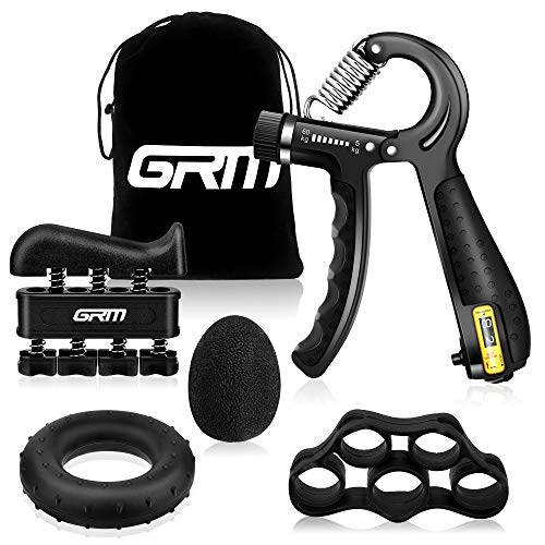 GRM Hand Grip Strengthener Counting Forearm Trainer Workout Kit, 11-132Lbs Adjustable Resistance Grip Strength Trainer, Finger Exerciser, Finger Stretcher, Grip Ring, Stress Relief Grip Ball