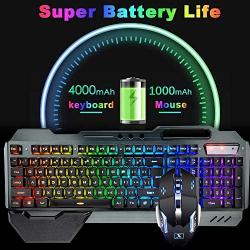 Wireless Gaming Keyboard and Mouse,RGB Backlit Rechargeable Keyboard Mouse with 4800mAh Battery Metal Panel,Removable Hand Rest Mechanical Feel Keyboard and 7 Color Gaming Mute Mouse for PC Gamer