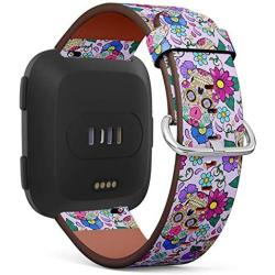 Compatible with Fitbit Versa/Versa 2 / Versa LITE/Leather Watch Wrist Band Strap Bracelet with Quick-Release Pins (Festive Sugar Skulls Heart)