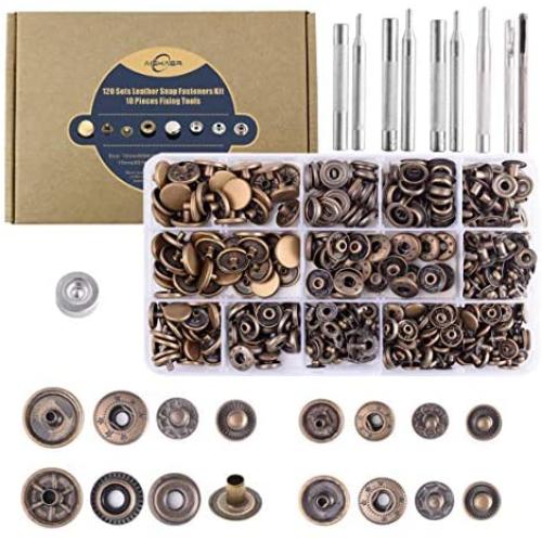 Aiskaer 120 Sets Snap Fasteners Kit, Metal Snap Buttons Press Studs with 9 Pieces Fixing Tools, Bronze Clothing Snaps Kit for Leather, Coat, Down Jacket, Jeans Wear and Bags