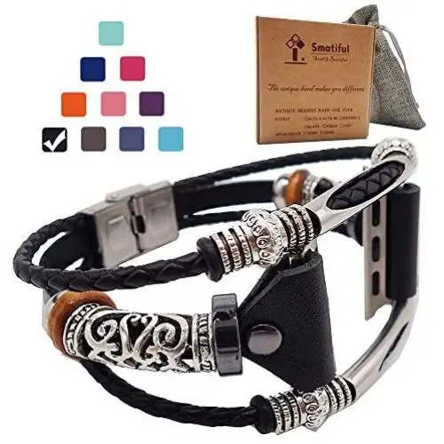 Smatiful Fancy Bands (Small Mediume Large xl are Ok) with Stainless Steel Clasp and Gunmetal Parts for Women, Adjustable Leather Band for Apple Watch (Series 1,2,3,4,5,6) 42mm 44mm,Classic Black
