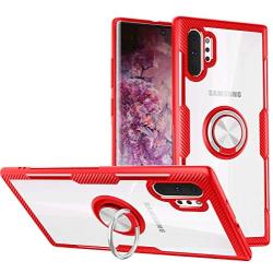 Galaxy Note 10+ Plus/Pro/5G Case,WATACHE Crystal Clear Carbon Fiber Design Armor Protective Case with 360 Degree Rotation Finger Ring Grip Holder Kickstand for Galaxy Note 10+/Plus,Red