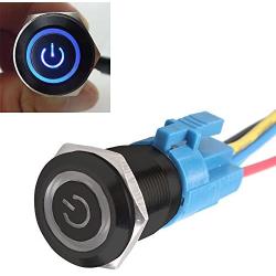 ESUPPORT Black 16mm 12V 3A Power Symbol Angel Eye Halo Car Blue LED Light Metal Push Button Toggle Switch Socket Plug Wire