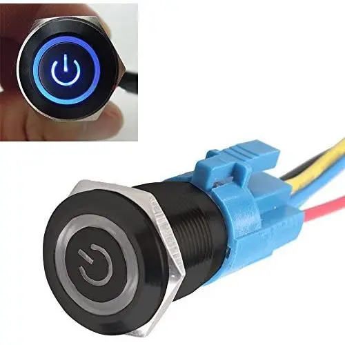 ESUPPORT Black 16mm 12V 3A Power Symbol Angel Eye Halo Car Blue LED Light Metal Push Button Toggle Switch Socket Plug Wire