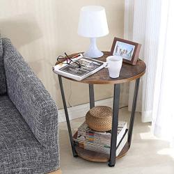 KingSo End Table Round 2-Tier Industrial Side Table with Storage Shelf Metal Frame Nightstand Easy Assembly & Sturdy Sofa Coffee Table for Living Room, Bedroom, Rustic Brown