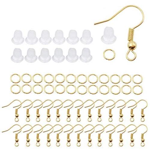 All 700pcs Gold Color Earring Hooks Fish Hook Ear Wires French Wire Hooks Jewelry Findings Earring Parts DIY Making with Clear Rubber Earring Safety Backs and Jump Rings (Gold Color M388)