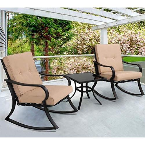 SUNCROWN Outdoor 3-Piece Rocking Chairs Bistro Set, Black Steel Patio Furniture with Brown Thickened Cushion and Glass-Top Coffee Table SUNCROWN Outdoor 3-Piece Rocking Chairs Bistro Set, Black Steel Patio Furniture with Brown Thickened Cushion and Glass-Top Coffee Table