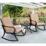 SUNCROWN Outdoor 3-Piece Rocking Chairs Bistro Set, Black Steel Patio Furniture with Brown Thickened Cushion and Glass-Top Coffee Table