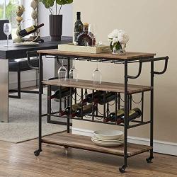 HOMYSHOPY Industrial Bar Cart with Wine Rack and Glass Holder, Mobile Wine Carts with Wheels for The Home, Metal Serving Cart and Kitchen Storage Cart 3 Shelves, Vintage Brown