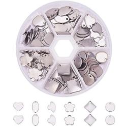 PandaHall Elite 120 Pcs 304 Stainless Steel Flat Round Oval Heart Star Flower Rhombus Blank Stamping Tag Pendants Charms 6 Styles for Jewelry Making