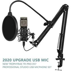 2021 Upgraded USB Microphone for Computer, Mic for Gaming, Podcast, Live Streaming, YouTube on PC, Mic Studio Bundle with Adjustment Arm Stand, Fits for Windows & Mac PC, Plug & Play Design, Silver