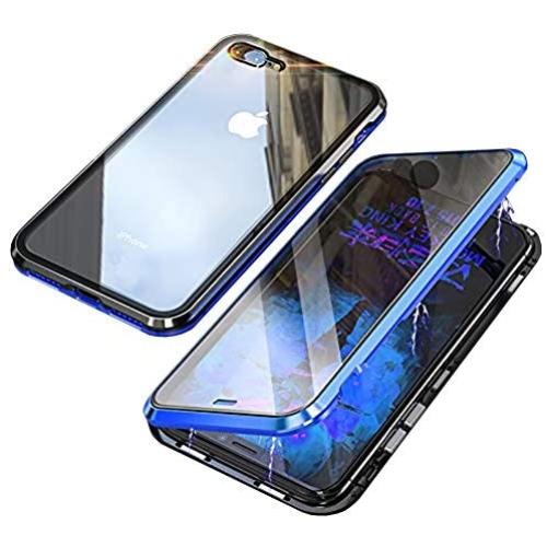 iPhone 7 Plus Case,iPhone 8 Plus Case,360° Full Body,Front and Back of Clear Touchable HD Tempered Glass,with Screen Protector Magnetic Adsorption Metal Frame Cover Ultra Thin Fit 7P/8P,Blue+Black