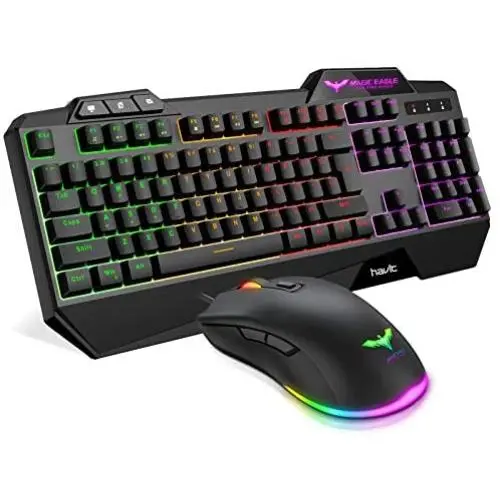 Havit Wired Gaming Keyboard Mouse Combo LED Rainbow Backlit Gaming Keyboard RGB Gaming Mouse Ergonomic Wrist Rest 104 Keys Keyboard Mouse 4800 DPI for Windows & Mac PC Gamers (Black)