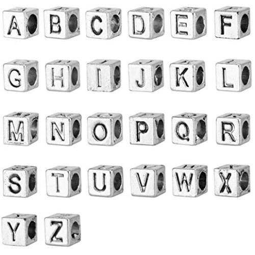 BEADNOVA Letter Beads Set for Jewelry Making Assorted Zinc Alloy Tibetan Silver Alphabet Beads Cube for DIY Bracelets, Key Chain and Handmade Gift (7mm, 26pcs)