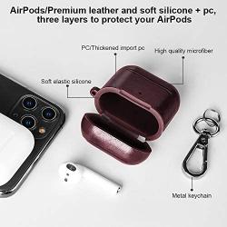 MOBEALO AirPods Leather Case 2 2019 Newes Protective Skin Cover Shockproof Accessories [Front LED Visible] with Stainless Steel Keychain Support Wireless Charging (Dark Brown)