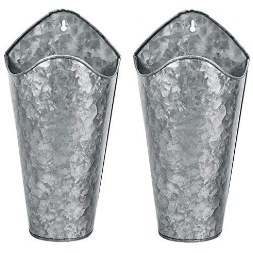 Gonioa Set of 2 Galvanized Metal Wall Planter, Farmhouse Wall Decor Style Hanging Wall Vase Planters for Succulents or Herbs Indoor or Outdoor