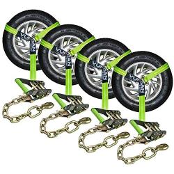 VULCAN Car Tie Down with Chain Anchors - Lasso Style - 2 Inch x 96 Inch, 4 Pack - High-Viz - 3,300 Pound Safe Working Load