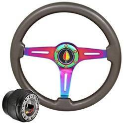 345mm 6 Bolt Steering Wheel Gunmetal Wood + Hub Adapter For Honda Prelude Accord + Fukushi Koriesha Orange/Yellow Horn Button Center Upgrade Replacement Performance