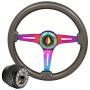 345mm 6 Bolt Steering Wheel Gunmetal Wood + Hub Adapter For Honda Prelude Accord + Fukushi Koriesha Orange/Yellow Horn Button Center Upgrade Replacement Performance
